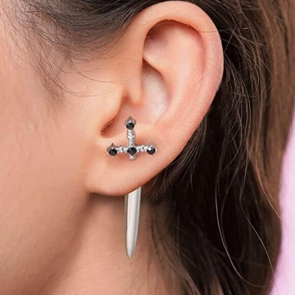 Gothic Sword Earrings for Men Women Silver Retro Dangle Cross Jewelry - Picture 4 of 9